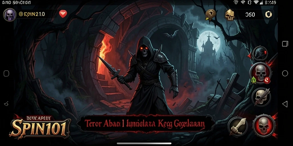 Screenshot gameplay SPIN101 menunjukkan karakter menghadapi makhluk menyeramkan.